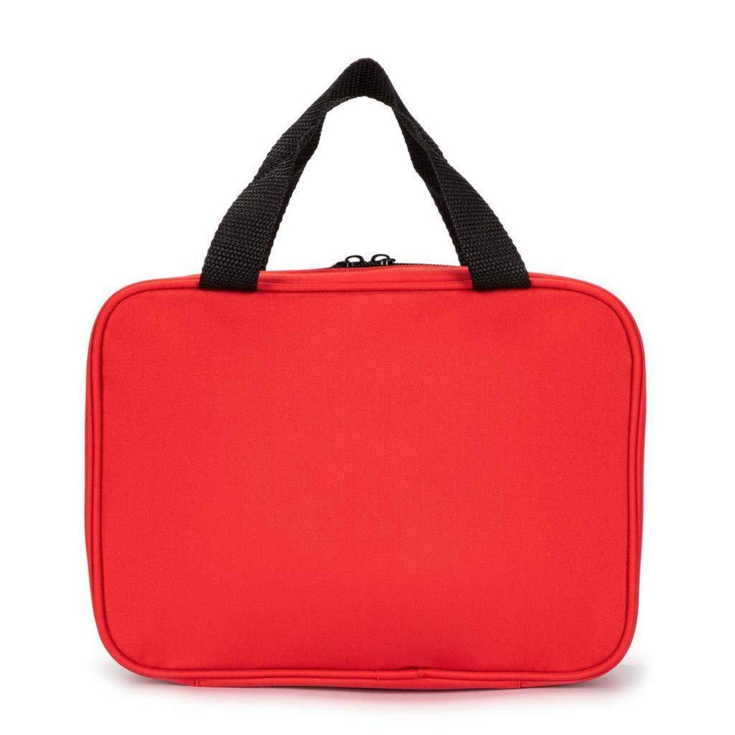 Rote rechteckige Tote- oder Lunchbag mit Reißverschluss und schwarzen Henkeln auf weißem Hintergrund.