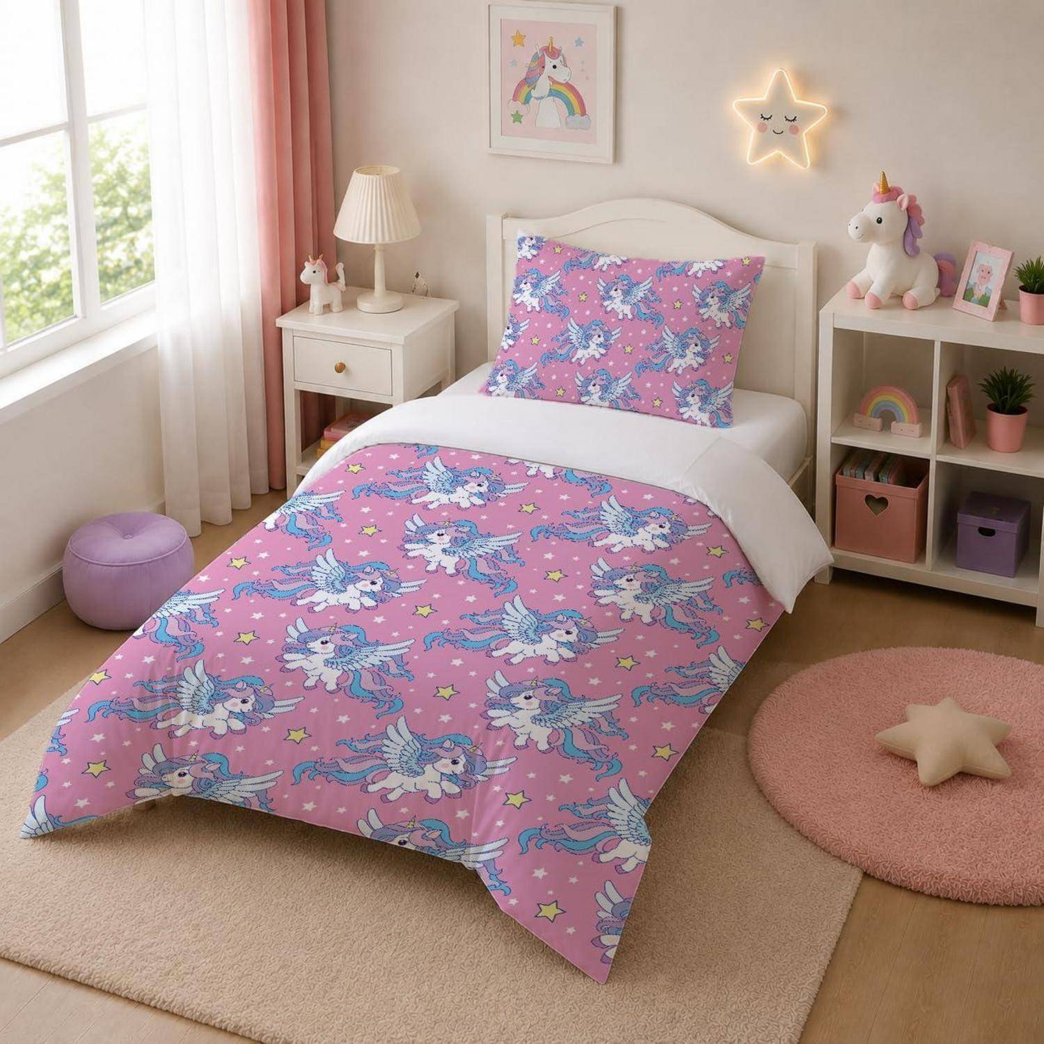 Ein Kinderzimmer mit Einhorn-Thema mit einem rosa Bettwäsche-Set, Nachttischen, Plüschtieren und weicher Pastelldekoration.