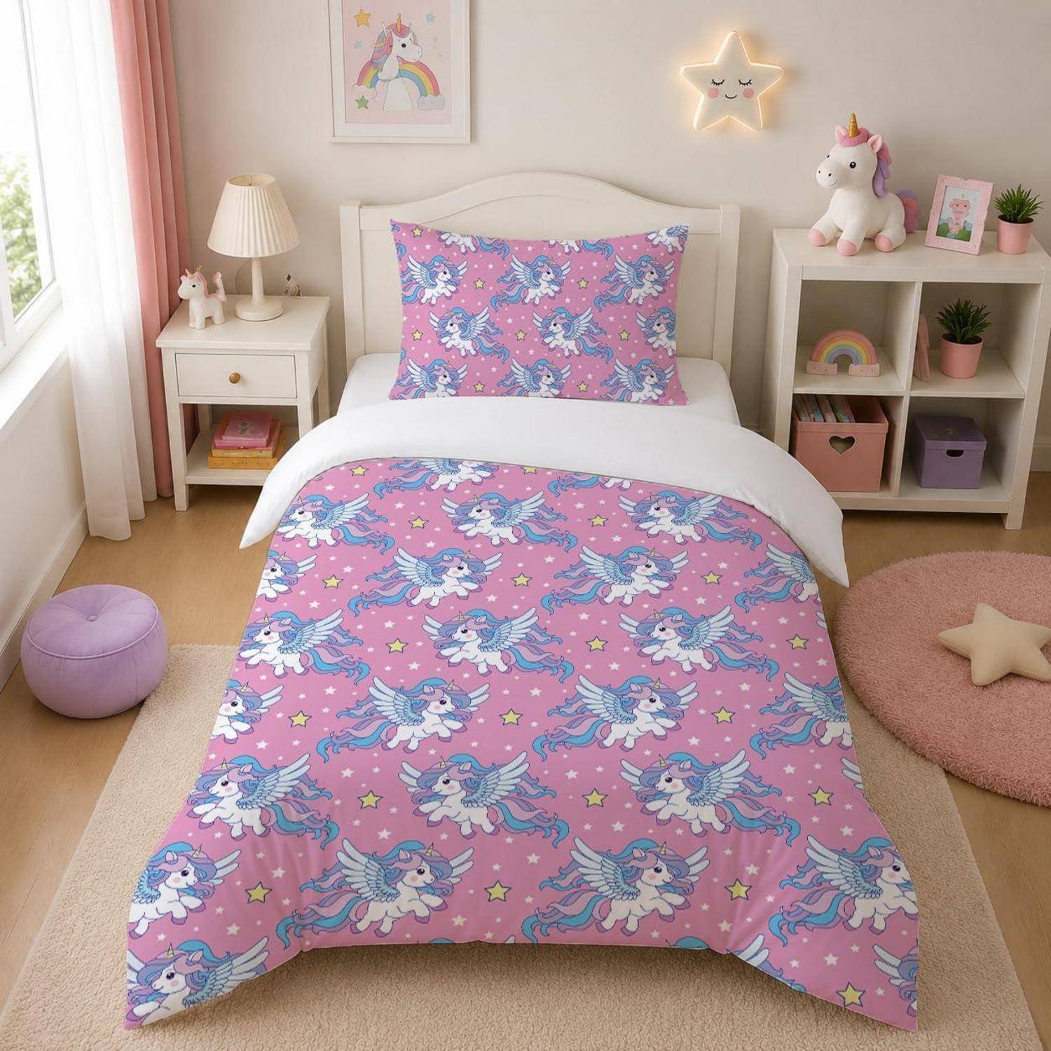 Ein Kinderzimmer mit einem weißen Bett, das mit rosa Einhorn-Bettwäsche bezogen ist, sowie passenden Regalen, einer Lampe, Wandkunst und Pastelldekoration.