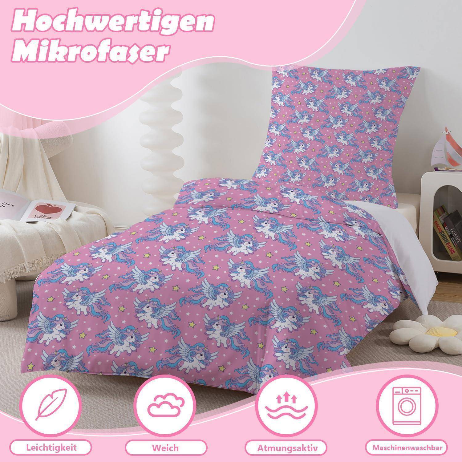 Rosa Einhorn-Druck Mikrofaser-Bettwäsche-Set auf einem Bett, mit Symbolen, die die Eigenschaften leicht, weich, atmungsaktiv und maschinenwaschbar hervorheben.