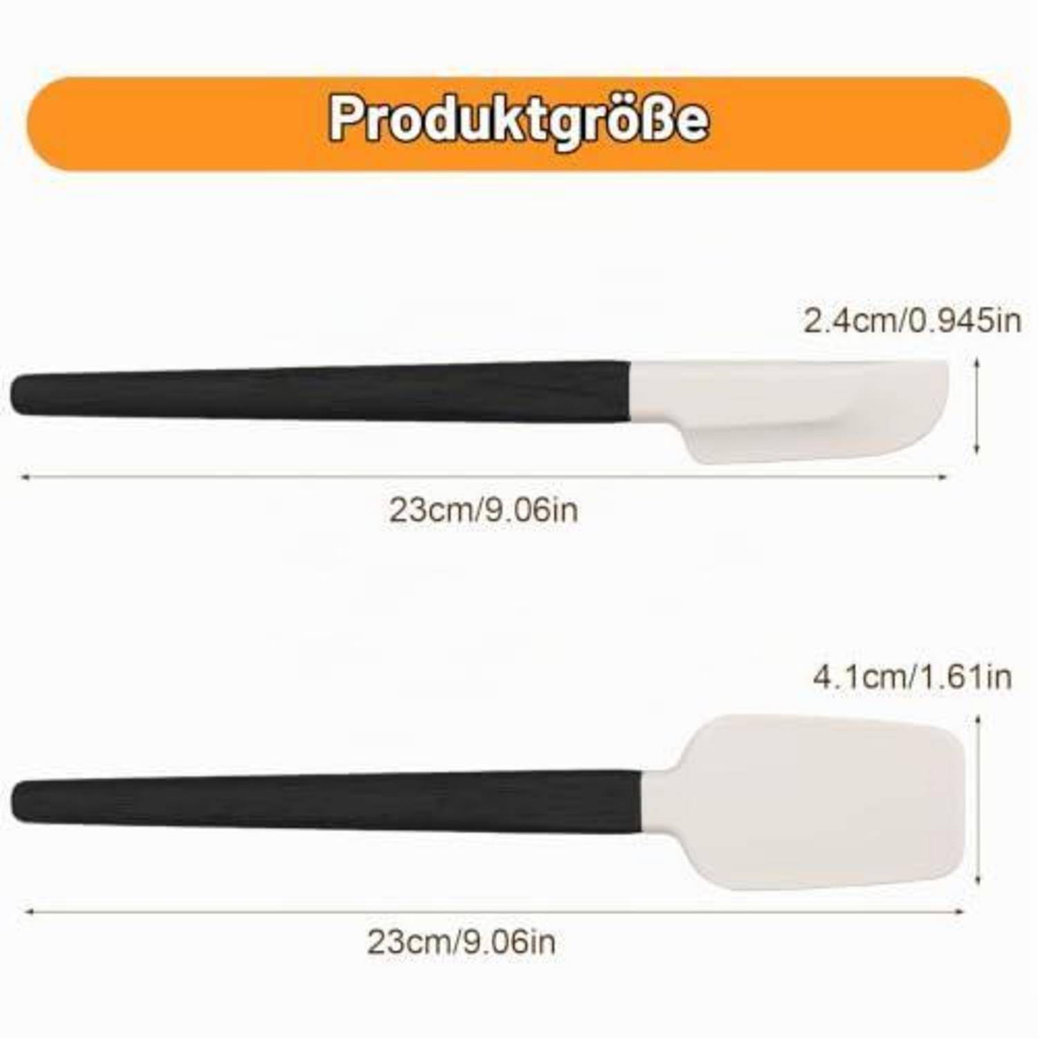 Größentabelle für Produkte mit zwei Spachteln und Abmessungen: beide 23 cm lang; eine 2,4 cm breit, die andere 4,1 cm breit.
