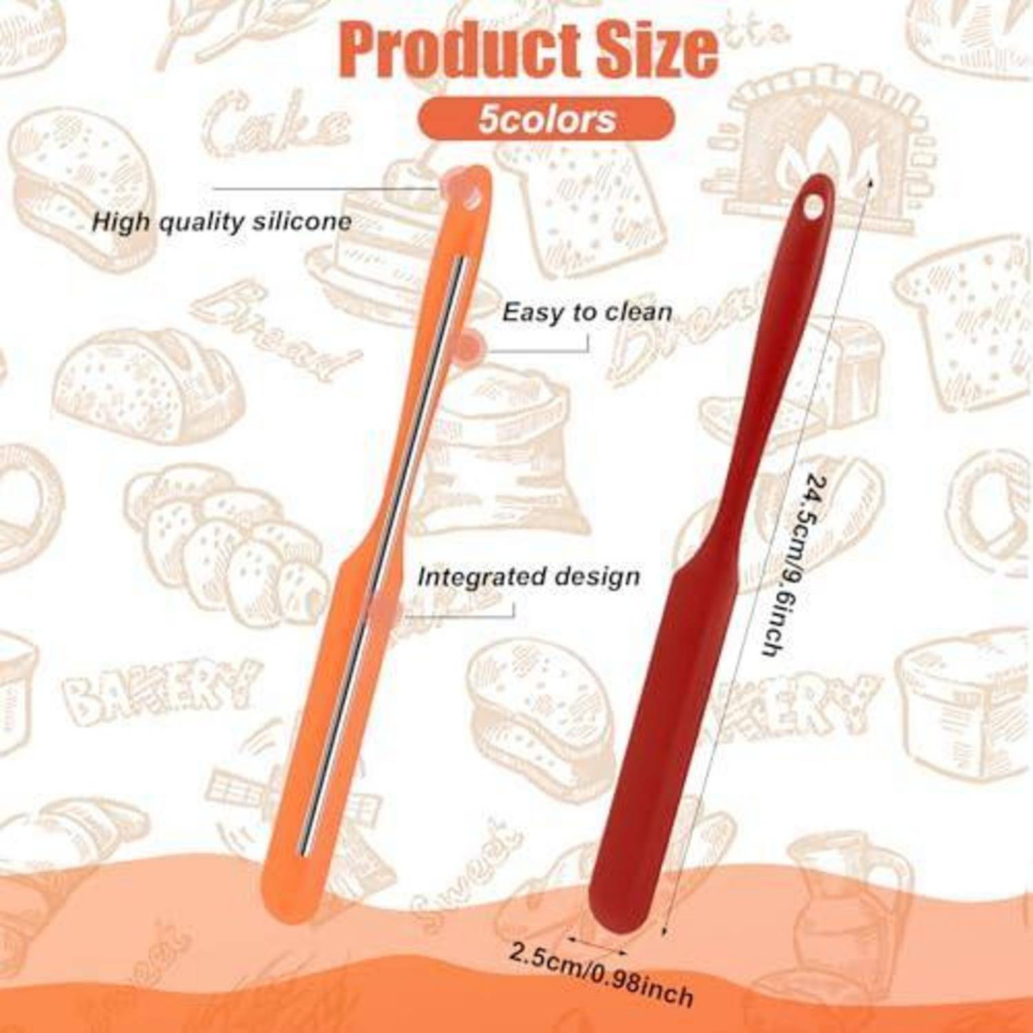 Produktgrößen-Grafik für ein 5-farbiges Silikon-Küchengerät mit integriertem, leicht zu reinigendem Design, das 24,5 cm lang und 2,5 cm breit ist.
