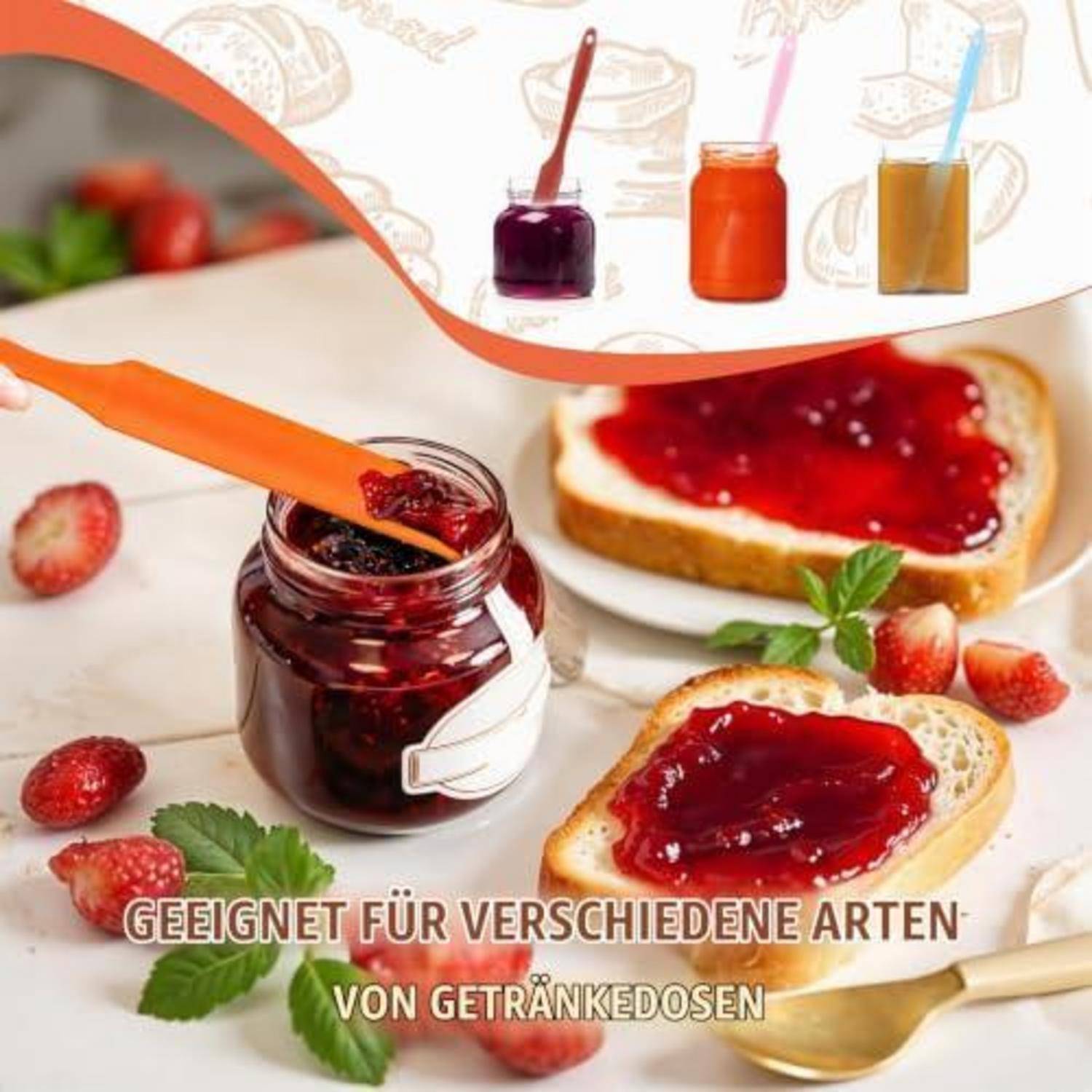 Erdbeerkonfitüre in einem Glas, die auf Toast gestrichen wird, mit einem Textbanner, das besagt „GEEIGNET FÜR VERSCHIEDENE ARTEN VON GETRÄNKEDOSEN