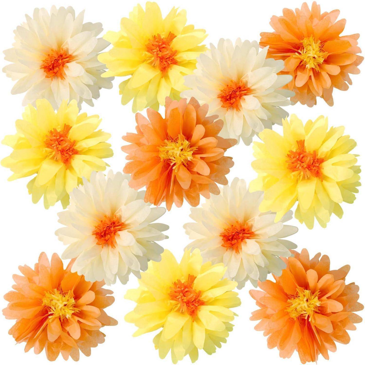 Anordnung von neun gelben, weißen und orangefarbenen Blumen auf weißem Hintergrund.