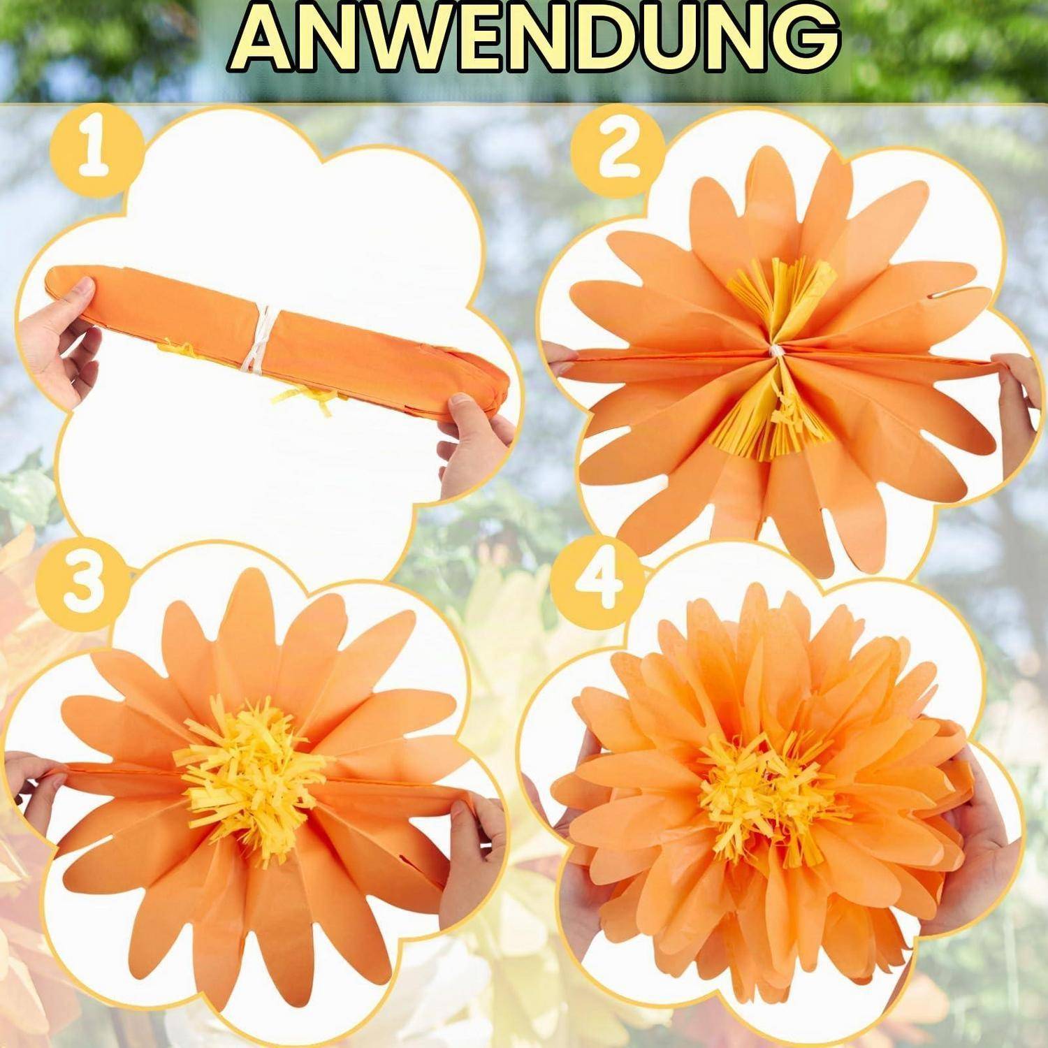 Vierschrittiges Tutorial zum Zusammenbau einer orangefarbenen Papierblume: Einen Streifen falten, ihn zu Blütenblättern fächern und das Zentrum zu einer vollständigen Blüte aufplüsterieren.