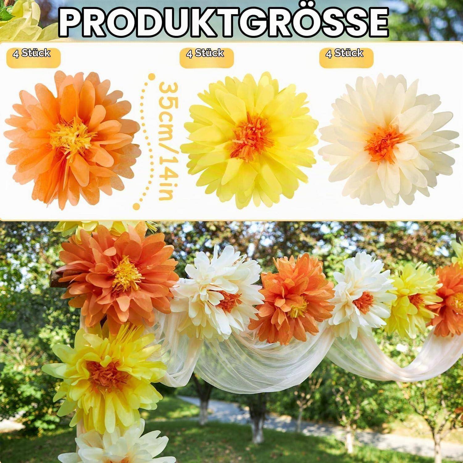 Papierblumen Pompons 12er Set 35cm Gelb Orange Weiß