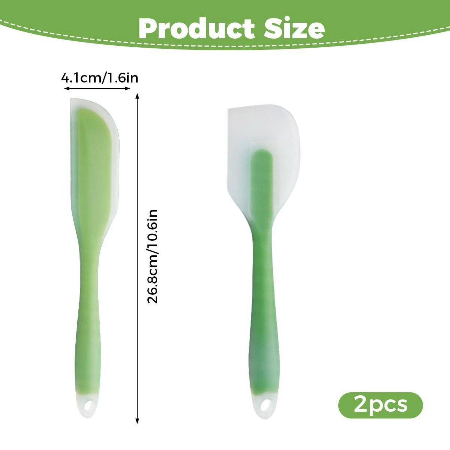 Produktgrößentabelle für einen grünen Silikonspachtel/Verteiler: 26,8 cm lang und 4,1 cm breit, Vorder- und Rückseite dargestellt, Set enthält 2 Stück.