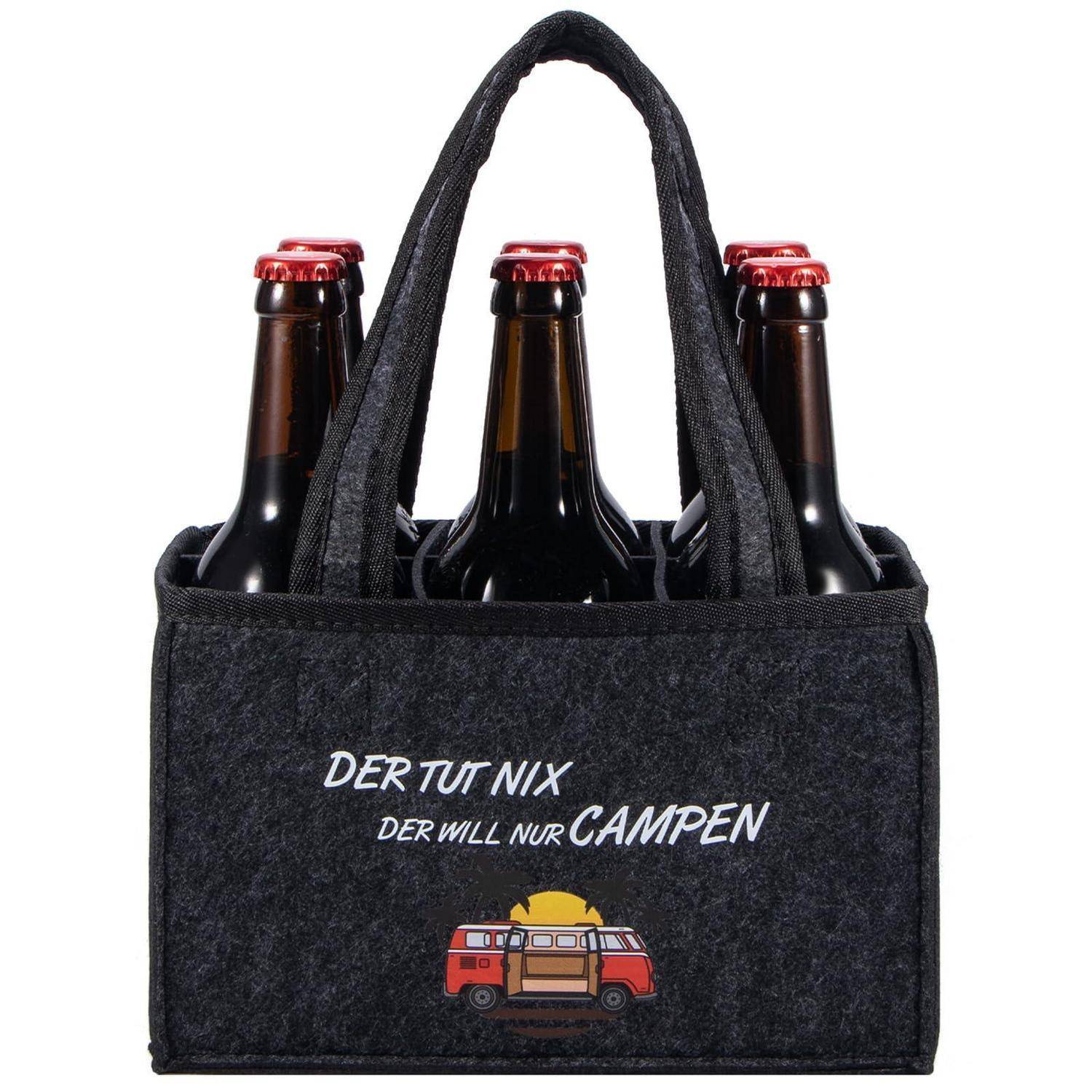 Filz-Sixpack-Träger zum Halten von Bierflaschen, bedruckt mit „DER TUT NIX DER WILL NUR CAMPEN