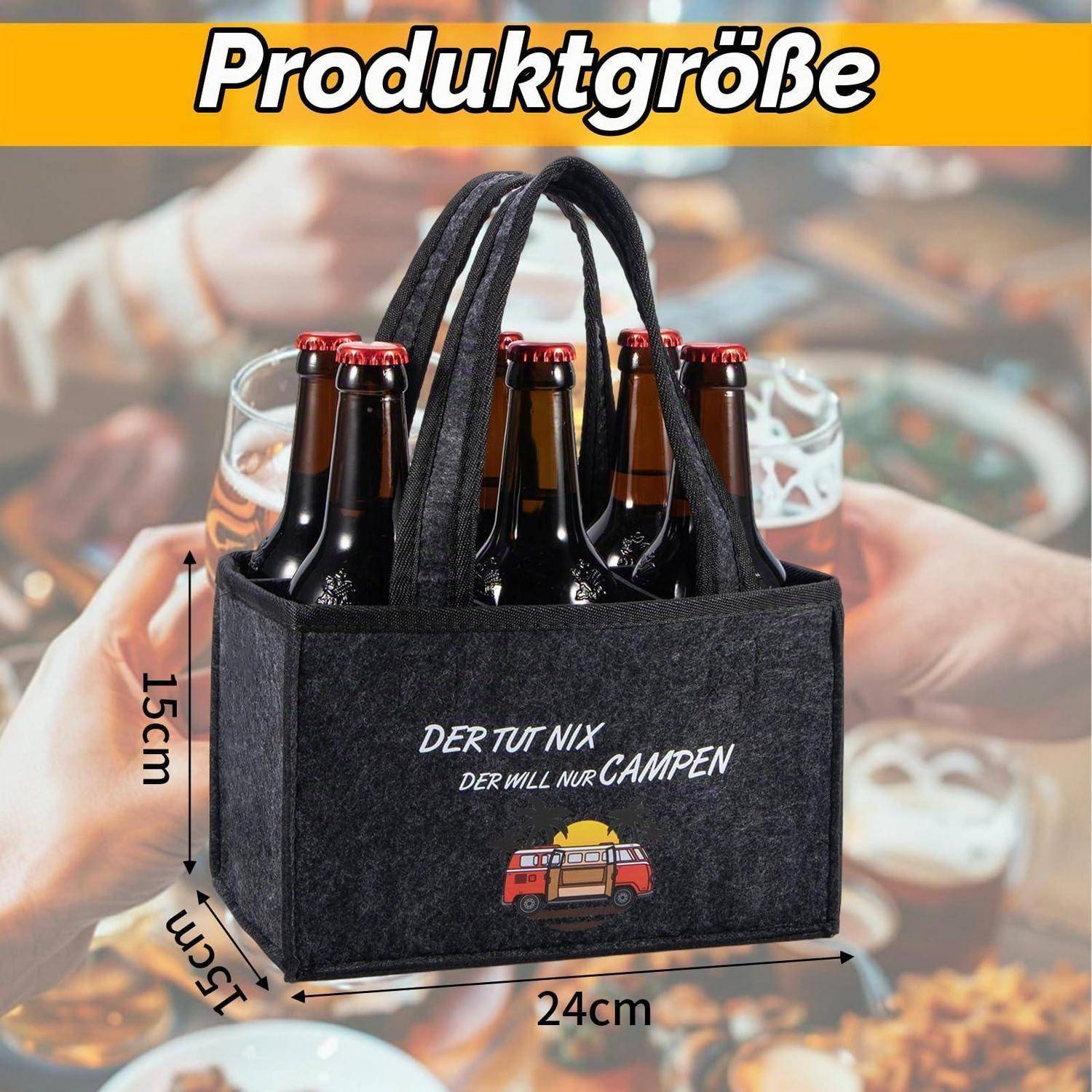 Schwarzer Filz-Sechserträger für Bierflaschen mit Griffen und Camper-Van-Druck, mit den Produktmaßen 24 cm breit, 15 cm tief und 15 cm hoch gekennzeichnet.