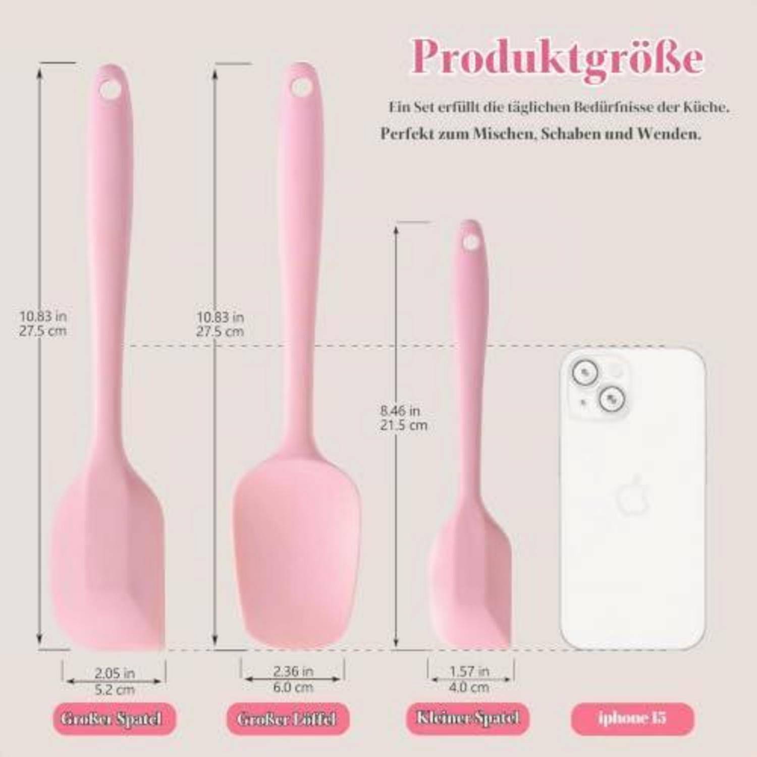 Größentabelle mit rosa Küchenutensilien und Maßangaben: großer Spatel 10,83 Zoll, großer Löffel 10,83 Zoll, kleiner Spatel 8,46 Zoll, zum Größenvergleich mit einem iPhone 15.