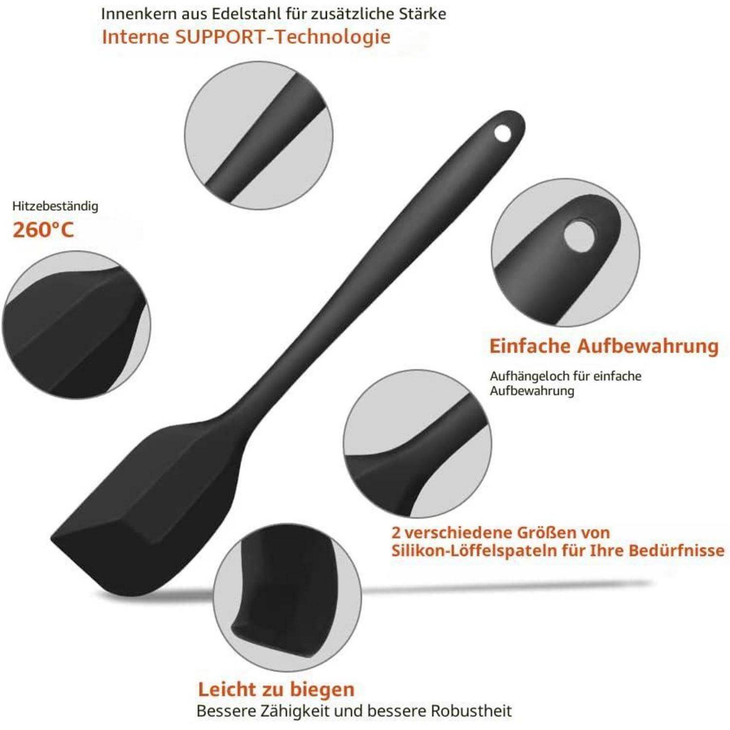 Schwarzer Silikonspatel mit Edelstahlkern, dargestellt mit Beschriftungen für Wärmebeständigkeit von 260°C, Aufhängeloch, zwei Größen und flexibles aber langlebiges Design.