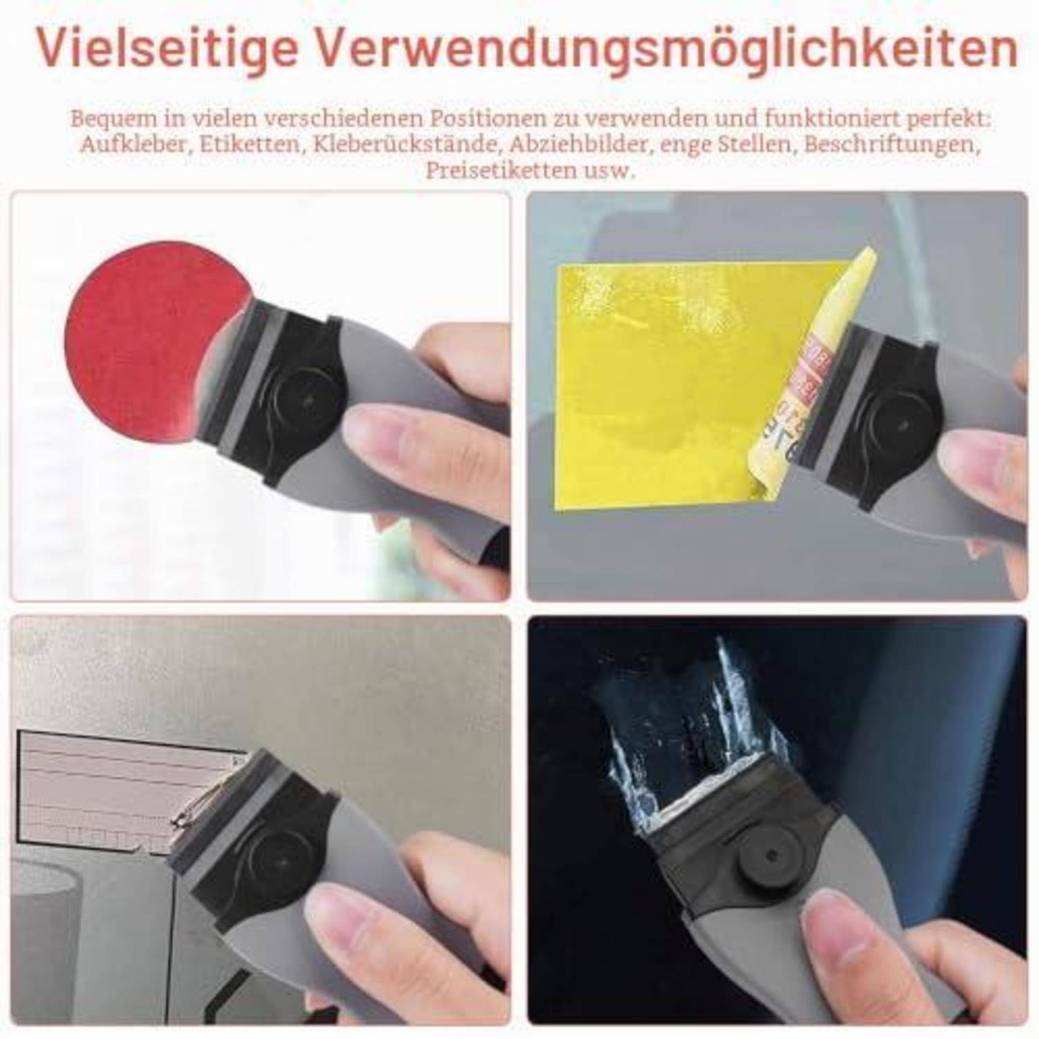 Collage zeigt einen tragbaren Schaber, der Aufkleber, Etiketten und Rückstände von mehreren Oberflächen entfernt und vielseitige Reinigungsanwendungen demonstriert.