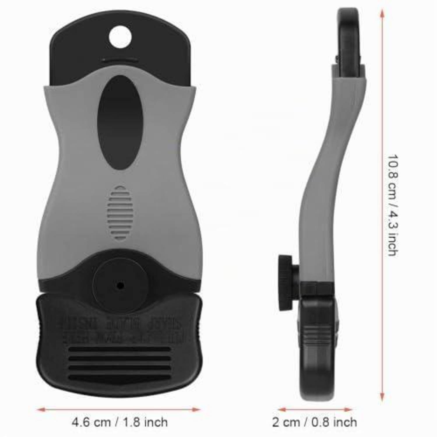 Produktbild eines grau-schwarzen hängenden Gerätehalters, gezeigt in Vorder- und Seitenansicht mit beschrifteten Abmessungen von 10,8 cm Höhe, 4,6 cm Breite und 2 cm Tiefe.