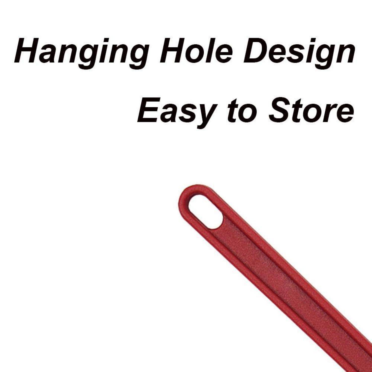 Rotes Metallwerkzeug mit Aufhängeloch; Text sagt „Aufhängeloch-Design