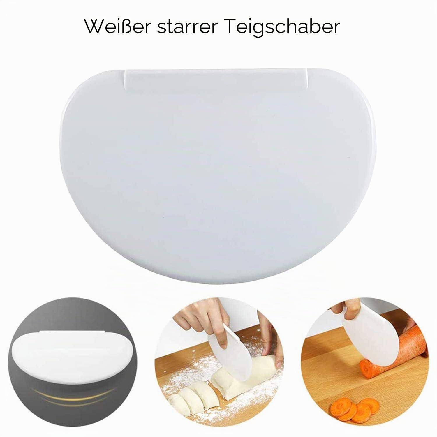 Produktbild eines weißen starren Teigschabers mit der Bezeichnung „Weißer starrer Teigschaber", mit eingefügten Fotos, die zeigen, wie er Teig schneidet und Gemüse in Scheiben schneidet.