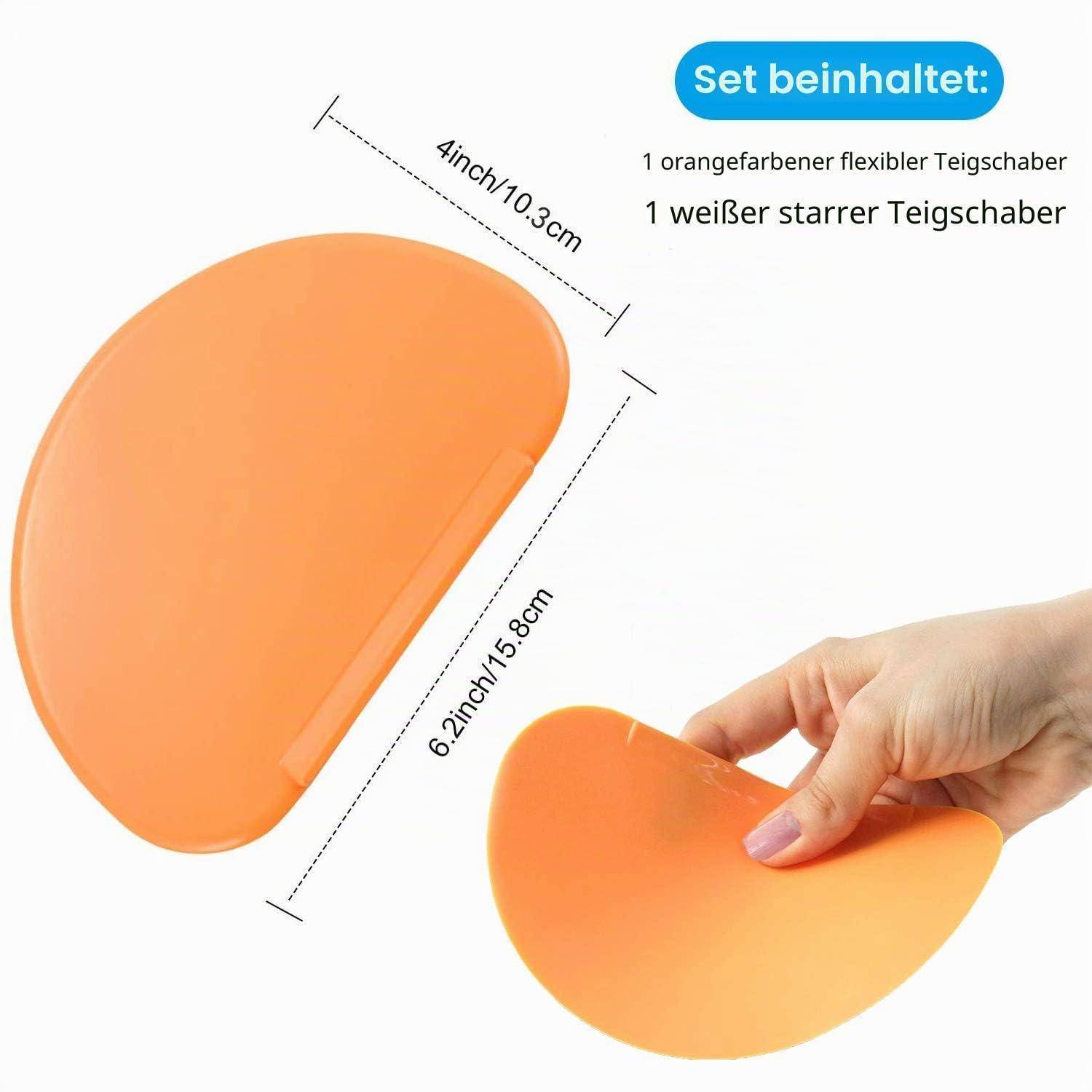Produktbild von zwei Silikonteigschabern, einer orange flexibel und einer weiß starr, mit Abmessungen von 4 Zoll mal 6,2 Zoll und deutschem Text, der den Satzinhalt auflistet.