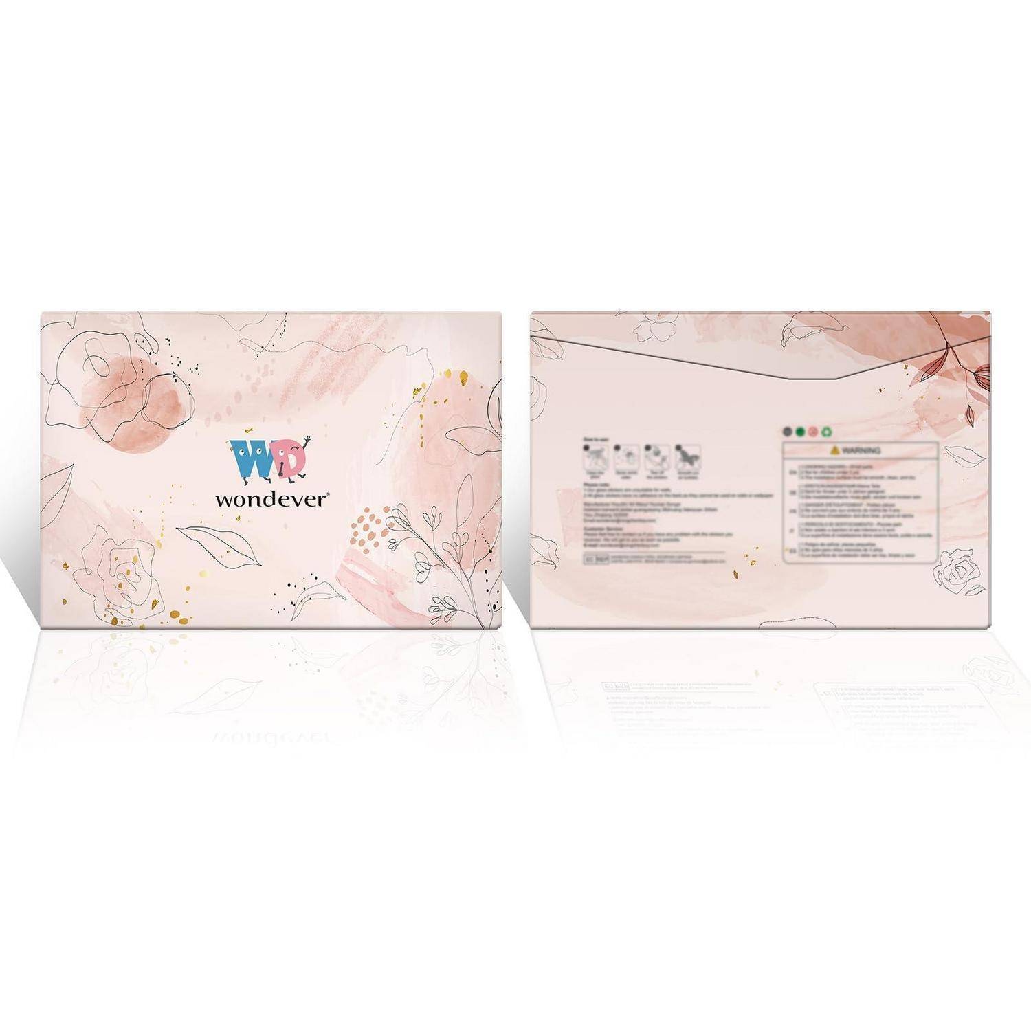 Zwei pastellrosa Verpackungspaneele für 'wonderver': Links zeigt das Logo mit floraler Linienkunst, rechts zeigt Produktinformationen und Symbole.