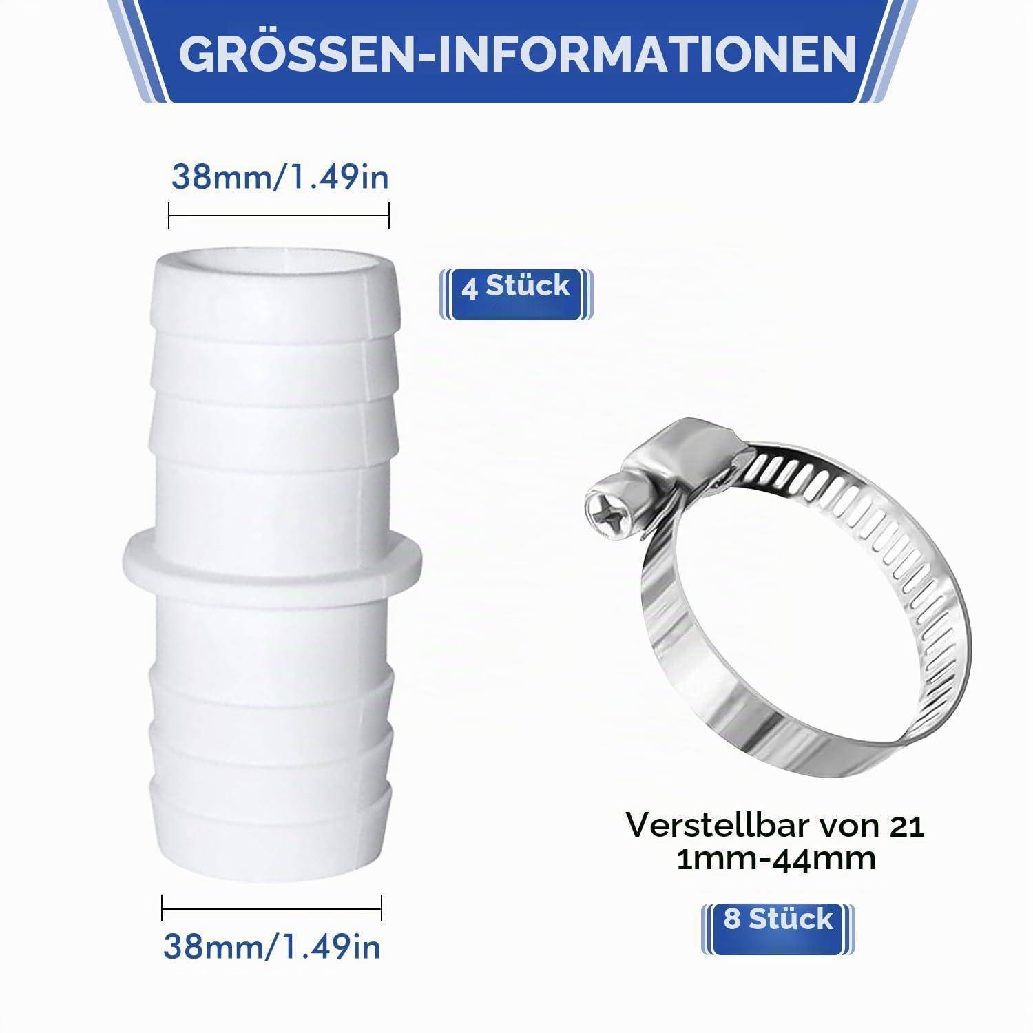 Größeninfografik mit einem 38-mm-/1,49-Zoll-Schlauchverbinder und einer verstellbaren Schelle von 21 mm bis 44 mm; angezeigte Mengen: 4 Stück und 8 Stück.