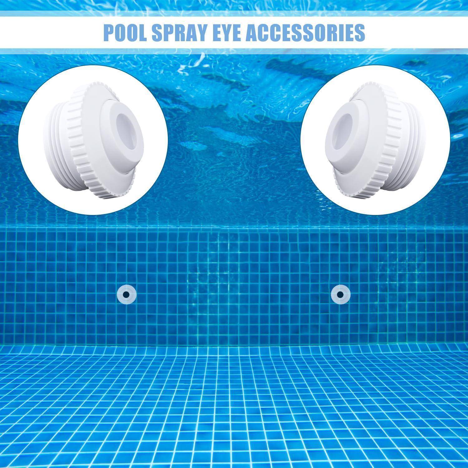 Poolsprüh-Augenzubehör gezeigt mit zwei weißen kreisförmigen Anschlüssen, die über einer Schwimmbadwand eingesetzt sind, mit dem Titel „POOL SPRAY EYE ACCESSORIES
