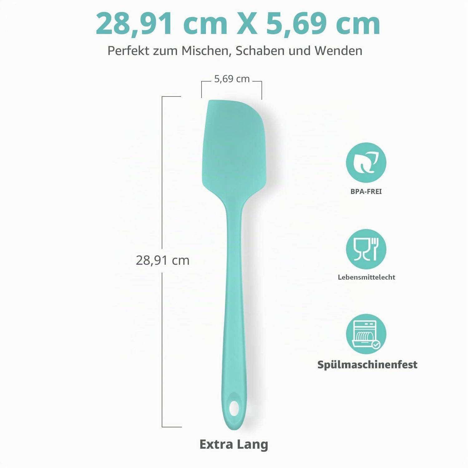 Türkisfarbener extra-langer Spatel, 28,91 cm x 5,69 cm, gekennzeichnet als BPA-frei, lebensmittelgeeignet und spülmaschinenfest.