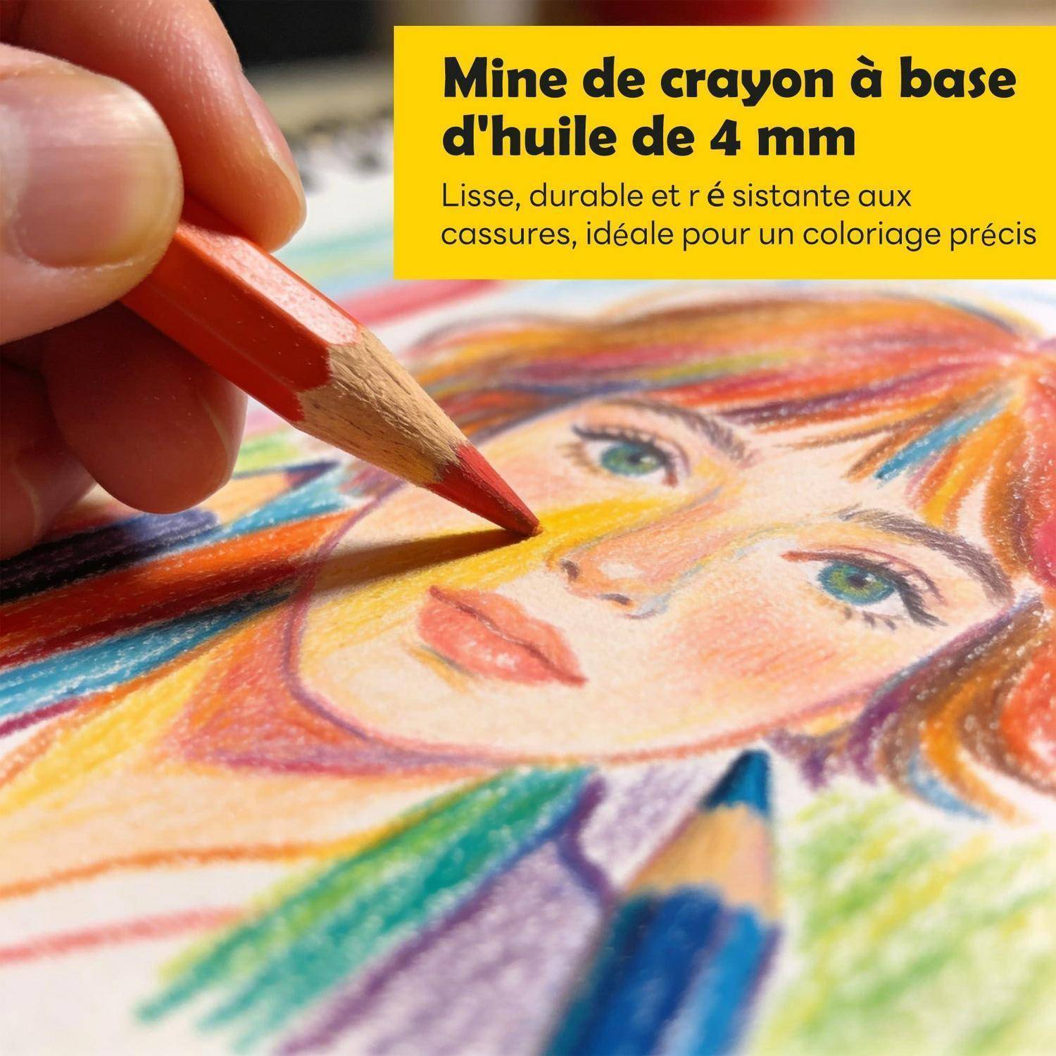 Nahaufnahme einer Hand, die mit einem roten ölbasierten Stift das Gesicht einer Frau koloriert; französischer Text bewirbt einen 4-mm-„Mine de crayon à base d'huile