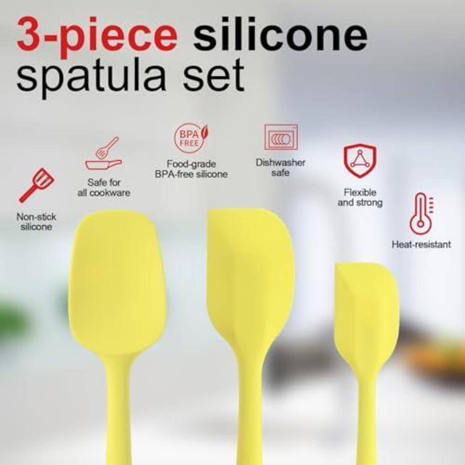 Werbebild eines 3-teiligen gelben Silikon-Spachtel-Sets, gekennzeichnet als antihaftbeschichtet, BPA-frei, spülmaschinenfest, flexibel, hitzebeständig und sicher für alle Kochgeschirre.