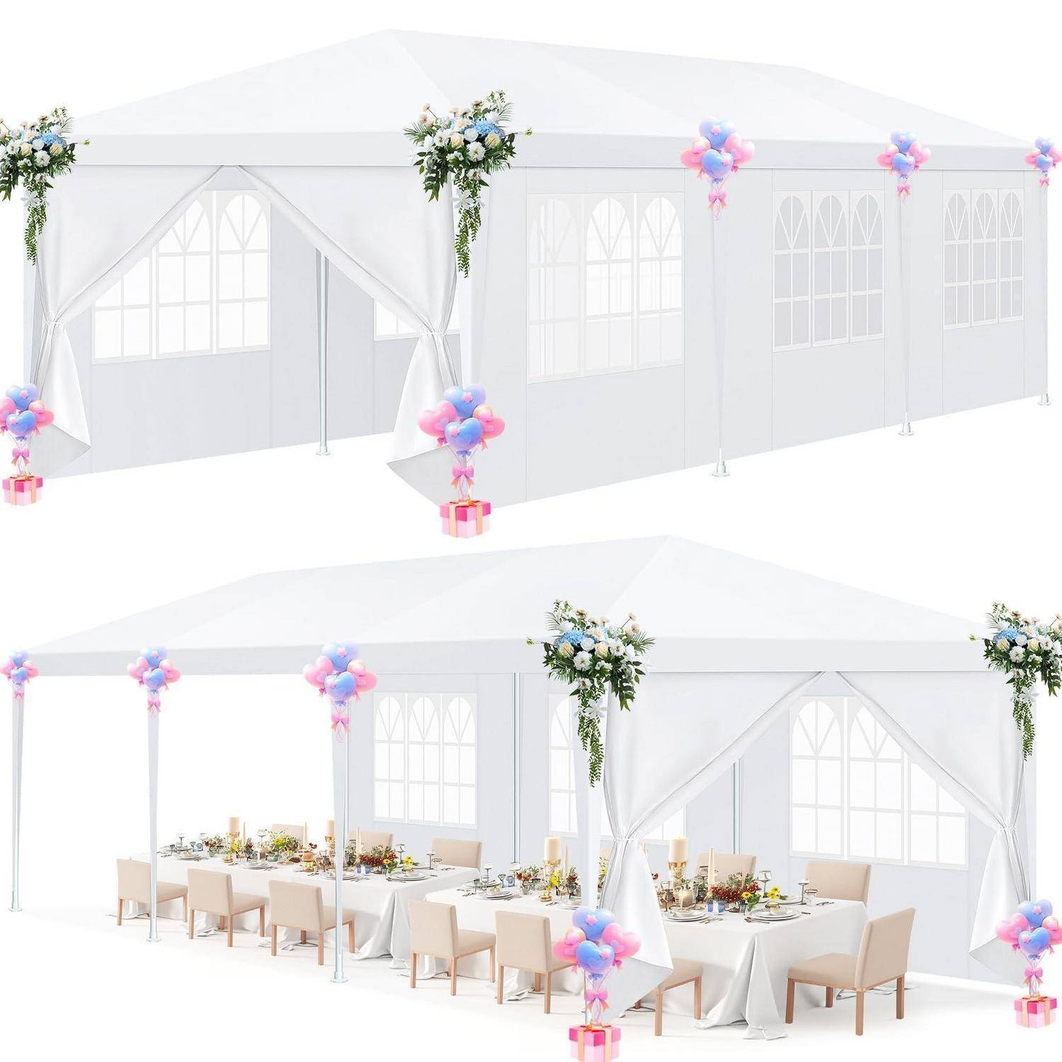 Dekoriertes weißes Hochzeitszelt mit Blumenschmuck, Pastell-Ballongeschenkboxen und Banketttische mit beigen Stühlen für eine elegante Veranstaltung.