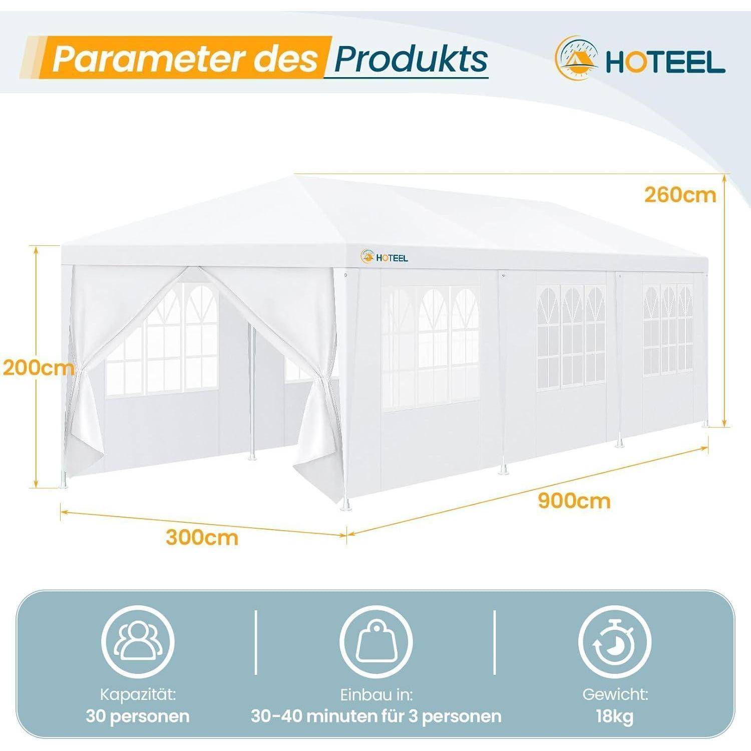 Produktparameter-Diagramm eines HOTEEL-Zelts: 900 cm lang, 300 cm breit, 260 cm hoch, 260 cm Seitenhöhe; fasst 30 Personen, Aufbau dauert 30–40 Minuten für 3 Personen, wiegt 18 kg.