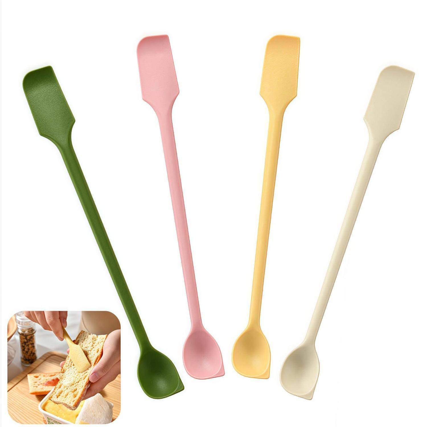 Vier lange Silikonspachteln in Grün, Rosa, Gelb und Beige mit einer kleinen Vergrößerung, die zeigt, wie eine zum Verstreichen von Teig auf Lebensmitteln verwendet wird.