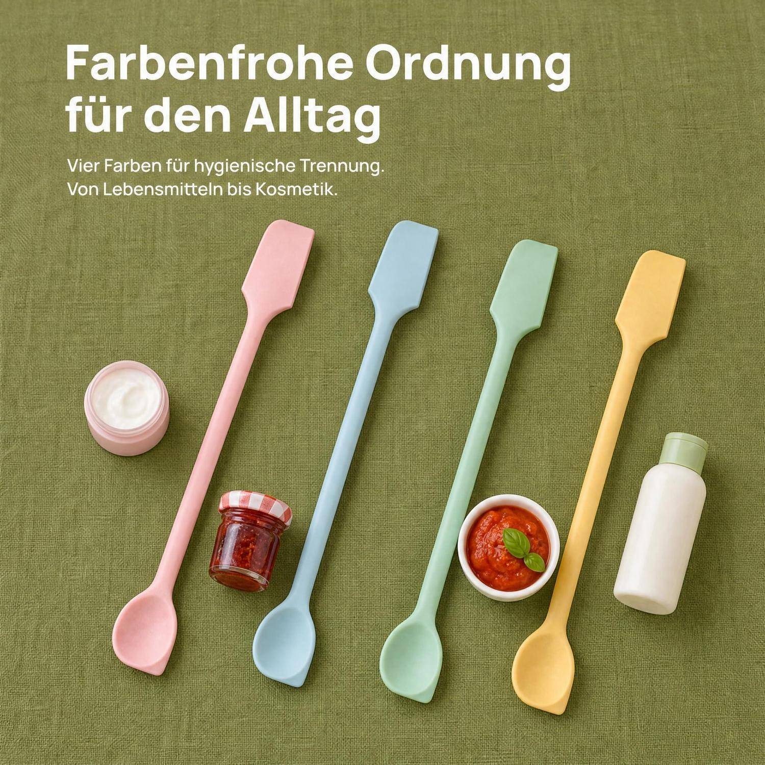Vier farbenfrohe Langstielöffel mit passenden Behältern auf grünem Hintergrund, die eine hygienische farbcodierte Trennung für den täglichen Gebrauch zeigen.