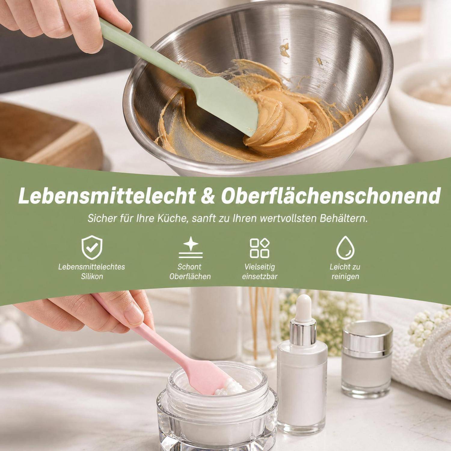 Werbebild von Silikonspachteln, die Teig und Creme mischen, mit deutschem Text „Lebensmittelecht & Oberflächenschonend