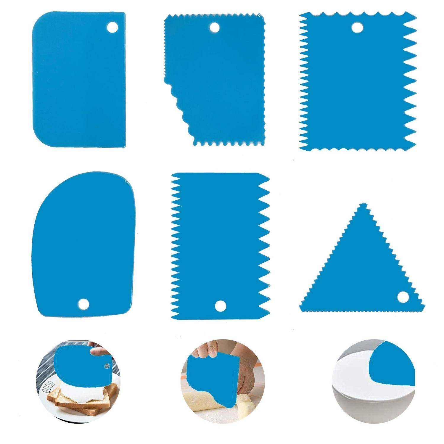 Blaue Silikon-Backschaber und Formen mit gezackten Kanten und Aufhängelöchern, dargestellt als sechs Ausschnittsvarianten und drei runde Verwendungsfotos.