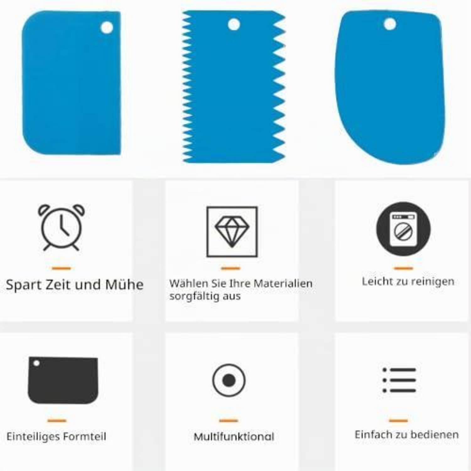 Infografik mit einem blauen Silikonwerkzeug mit drei Formen und sechs Merkmalen: spart Zeit, wählen Sie Materialien sorgfältig aus, leicht zu reinigen, einteiliges Design, multifunktional, einfach zu bedienen.