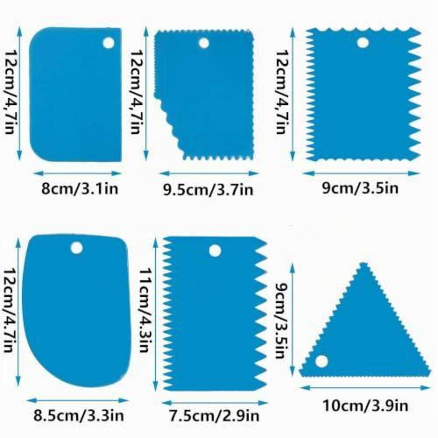 Größentabelle von sechs blauen wiederverwendbaren Taschen mit verschiedenen Formen, Grifflöchern und Abmessungen in cm und Zoll.