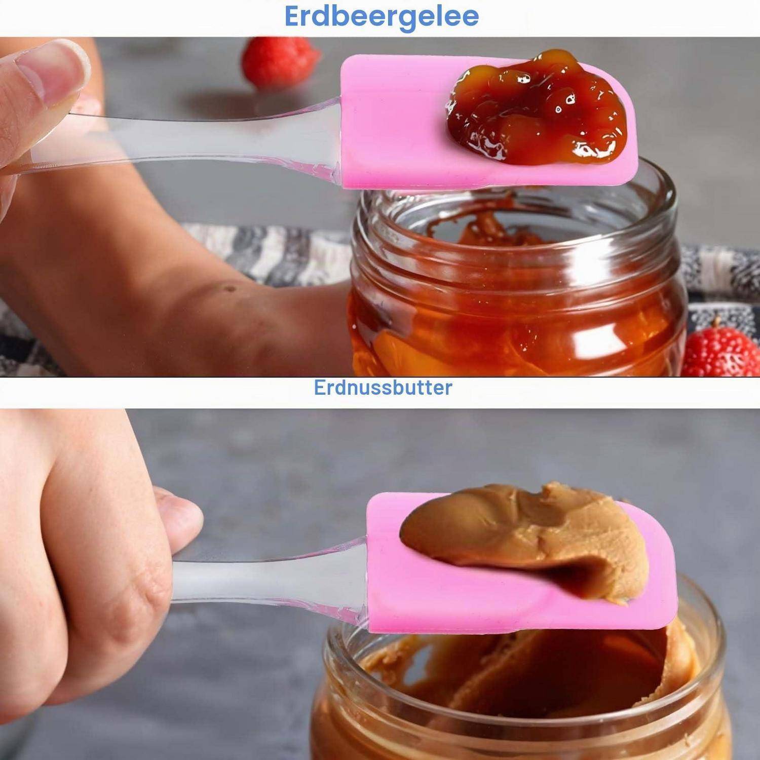 Gespaltenes Bild mit Erdbeergelee und Erdnussbutter auf einem rosa Spatel, gehalten über Gläsern, beschriftet mit „Erdbeergelee