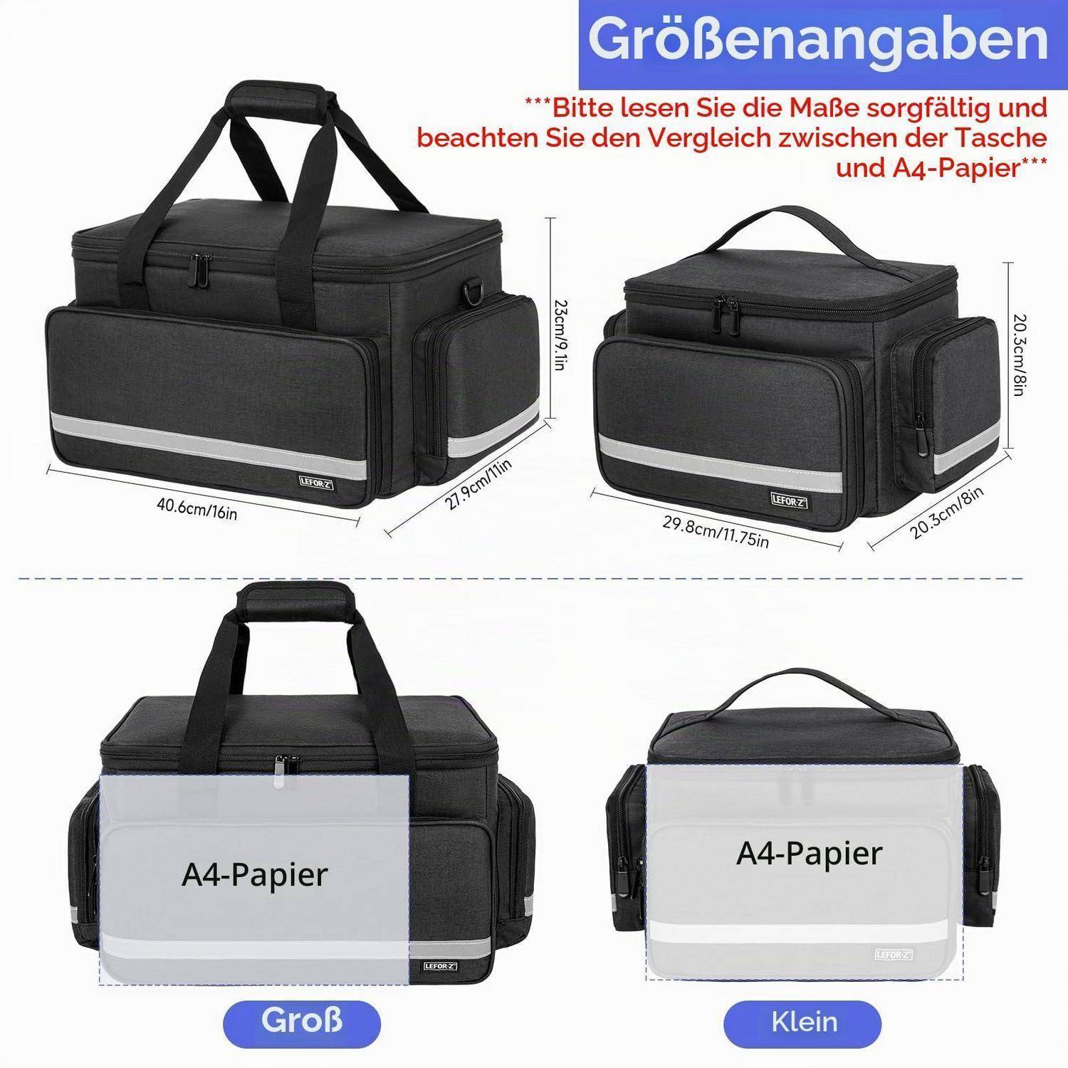Größenvergleichsgrafik zweier schwarzer isolierter Taschen mit den Bezeichnungen „Groß" und „Klein"", mit Abmessungen und A4-Papier als Größenreferenz.