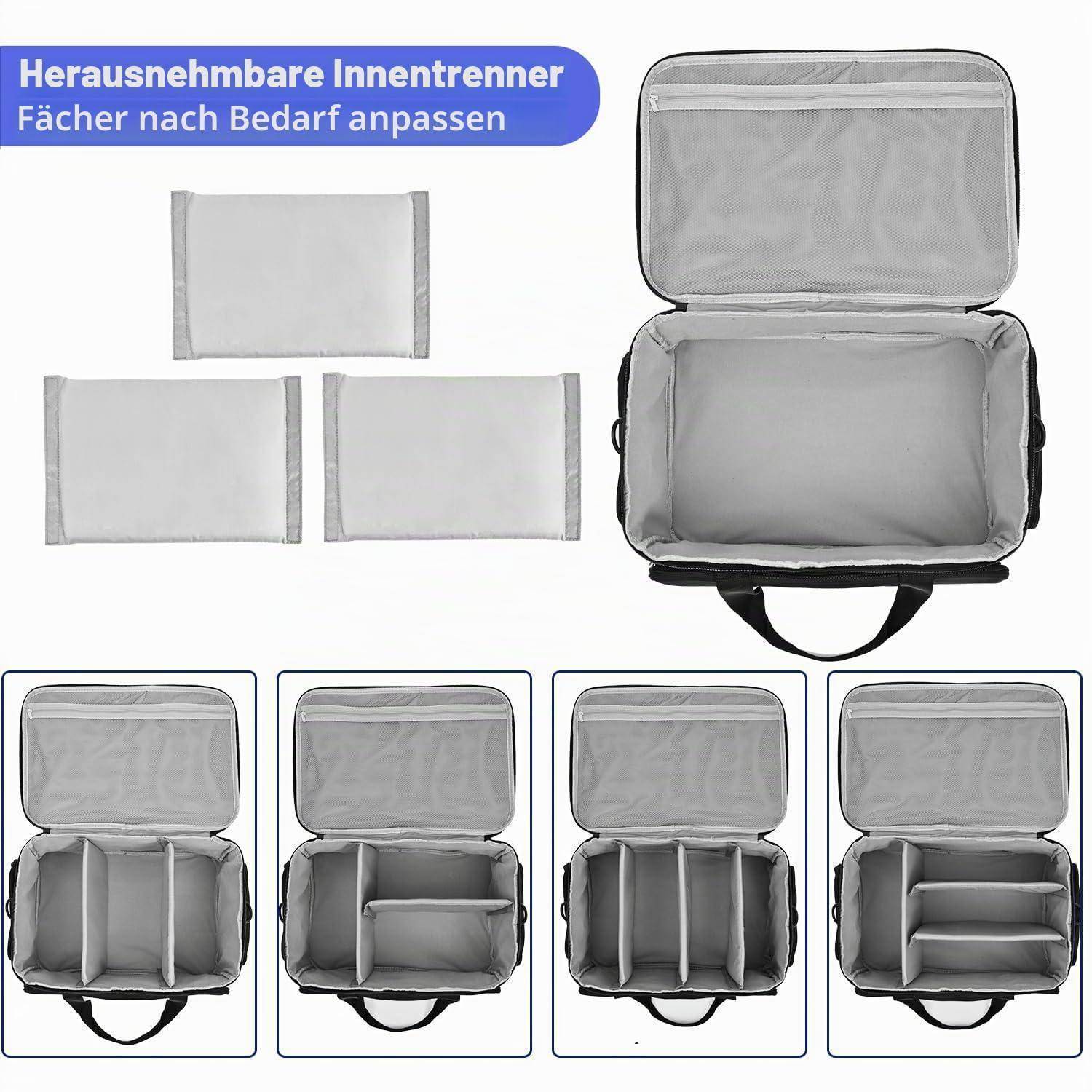 Rucksack mit abnehmbaren inneren Trennwänden, die in mehreren Konfigurationen gezeigt werden für anpassbare Fächer.