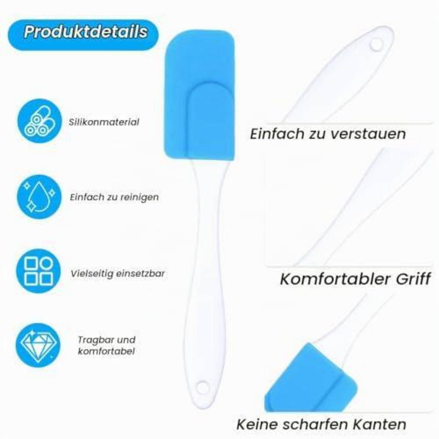 Produktdetails-Grafik, die einen weißen Silikonspatel mit blauem Griffschutz zeigt; die Beschriftungen lauten leicht zu lagern, leicht zu reinigen, vielseitig, tragbar, ergonomischer Griff und keine scharfen Kanten.