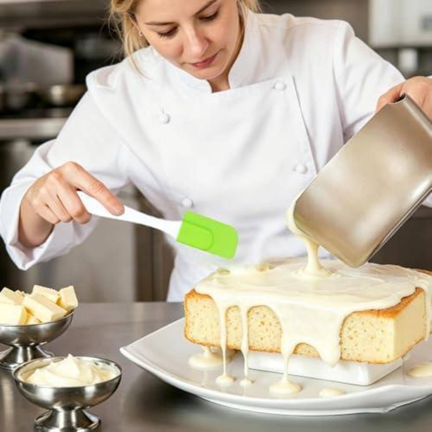 Koch, der einen Biskuitkuchen mit weißer Glasur überzieht, gießt sie aus einem Behälter, während er sie mit einem Spatel ausstreicht, in einer Küche.