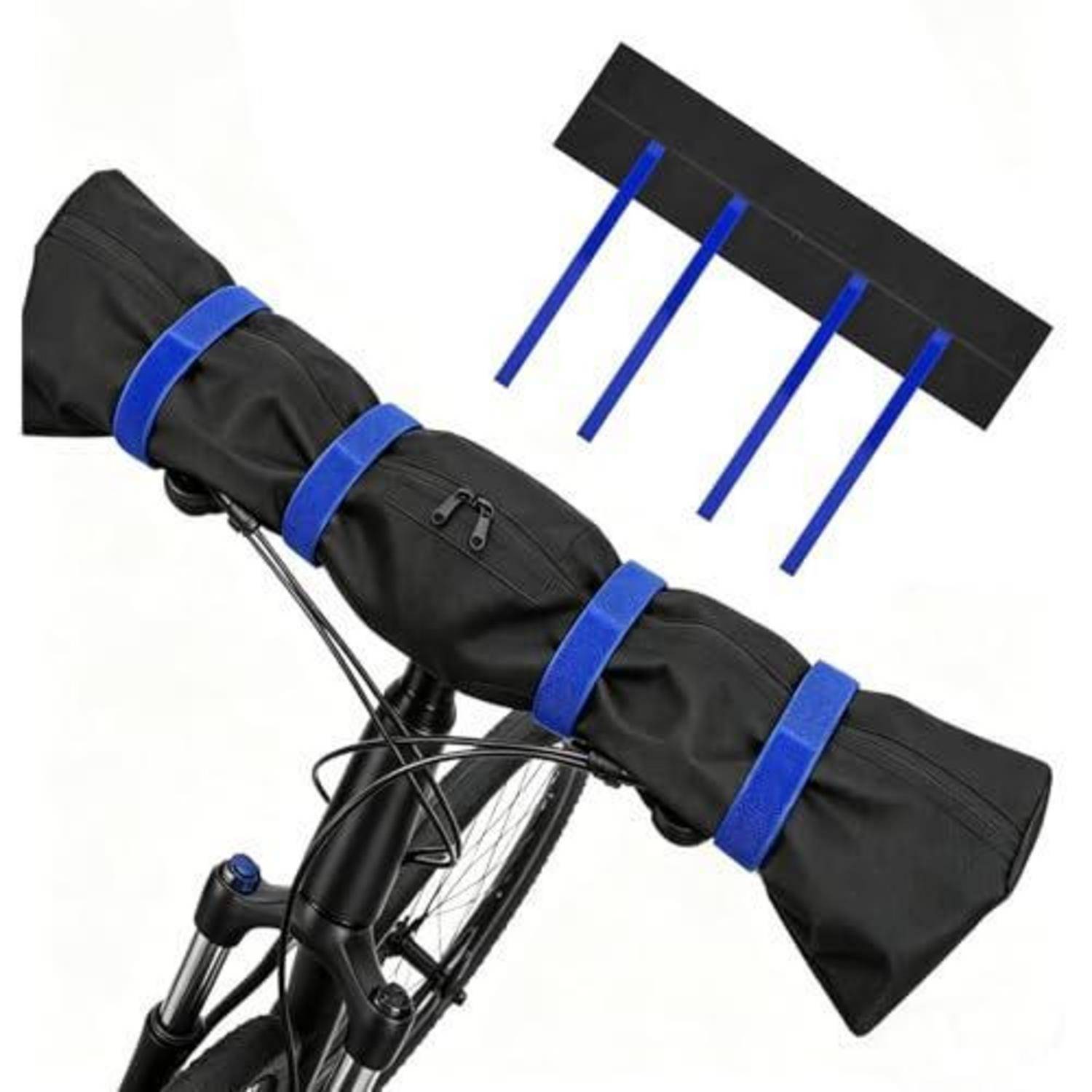 Schwarze Fahrrad-Lenkertasche mit blauen Riemen, abgebildet mit einer Montageklammer und Riemen zum Anbringen am Fahrrad.