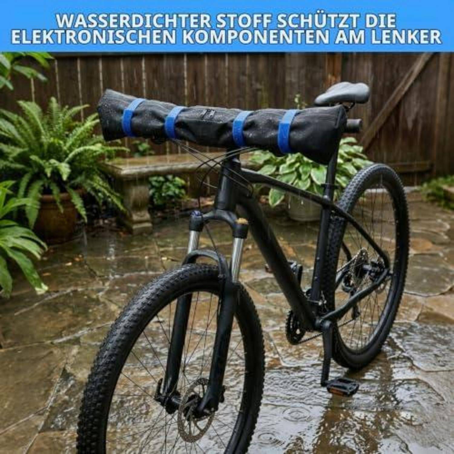 Mountainbike mit einer wasserdichten Stoffverkleidung, die die Elektronik am Lenker in einer regnerischen Außenumgebung schützt; der Text lautet: „WASSERDICHTER STOFF SCHÜTZT DIE ELEKTRONISCHEN KOMPONENTEN AM LENKER".