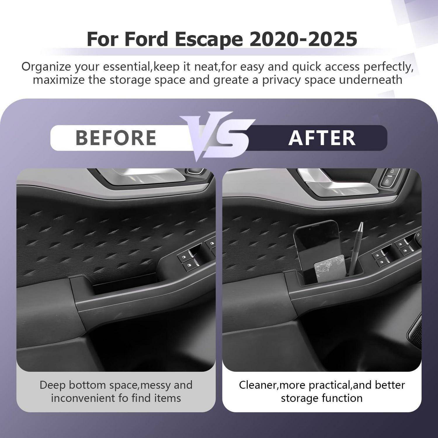 Vorher-und-Nachher-Vergleich einer Türaufbewahrungstasche eines Ford Escape 2020-2025: Links ist ein tiefes, chaotisches leeres Fach; rechts fügt organisierte Halter für ein Telefon und einen Stift hinzu.
