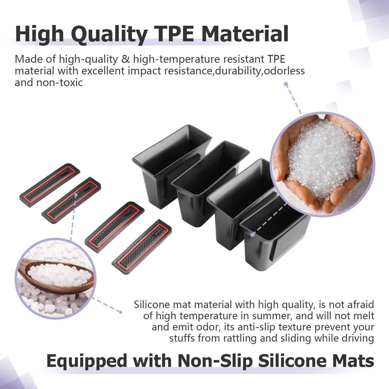 Werbegrafik für hochwertiges TPE-Material und rutschfeste Silikonmatten, zeigt schwarze Tabletteinsätze, Silikonstreifen und Nahaufnahmen von Materialkügelchen und Körnern.