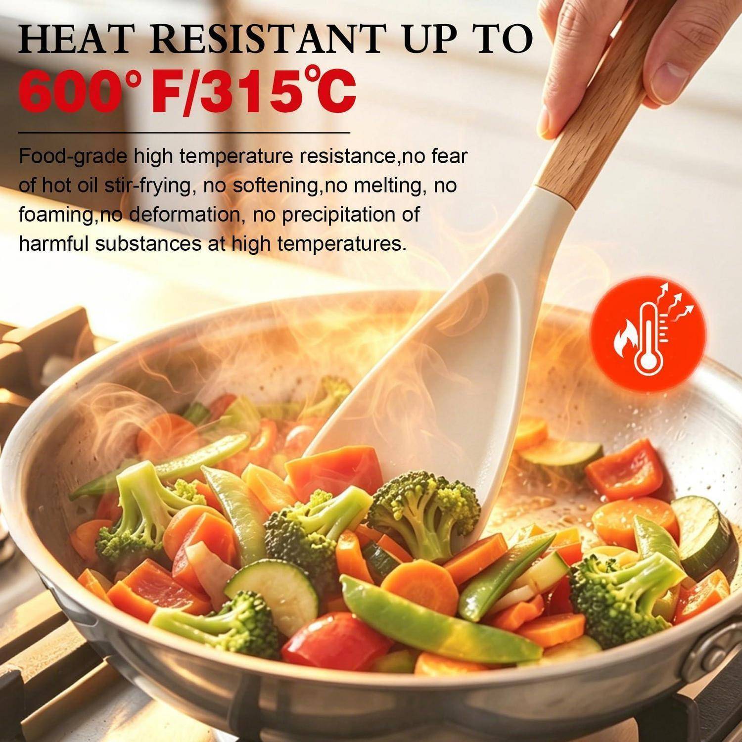 Werbeanzeige für einen hitzebeständigen Küchenschaber, der Gemüse zum Umrühren in einer heißen Pfanne zeigt; der Text behauptet Hitzebeständigkeit bis zu 600°F/315°C und kein Schmelzen oder Verformen.
