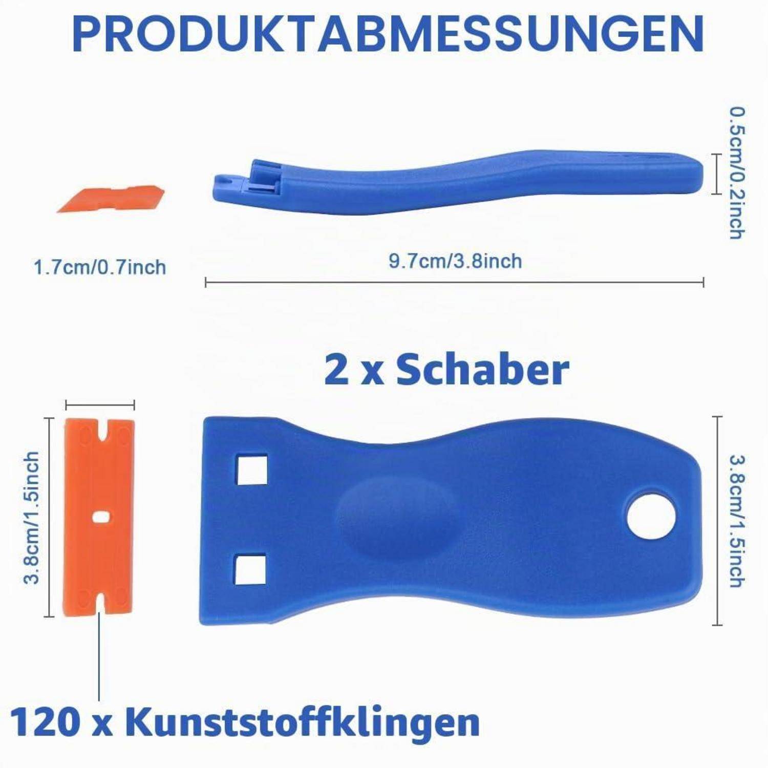Produktdimensionsdiagramm mit einem blauen Schabegriff, einer blauen Schabeklinge mit der Beschriftung „2 x Schaber