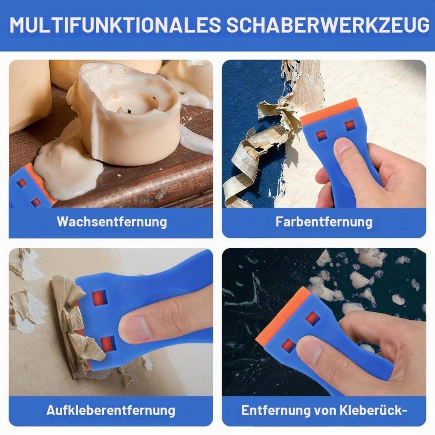 Werbegrafik für ein multifunktionales Kratzer-Werkzeug, das vier Anwendungen zeigt: Wachsentfernung, Farbentfernung, Aufkleber-Entfernung und Klebresidue-Entfernung.