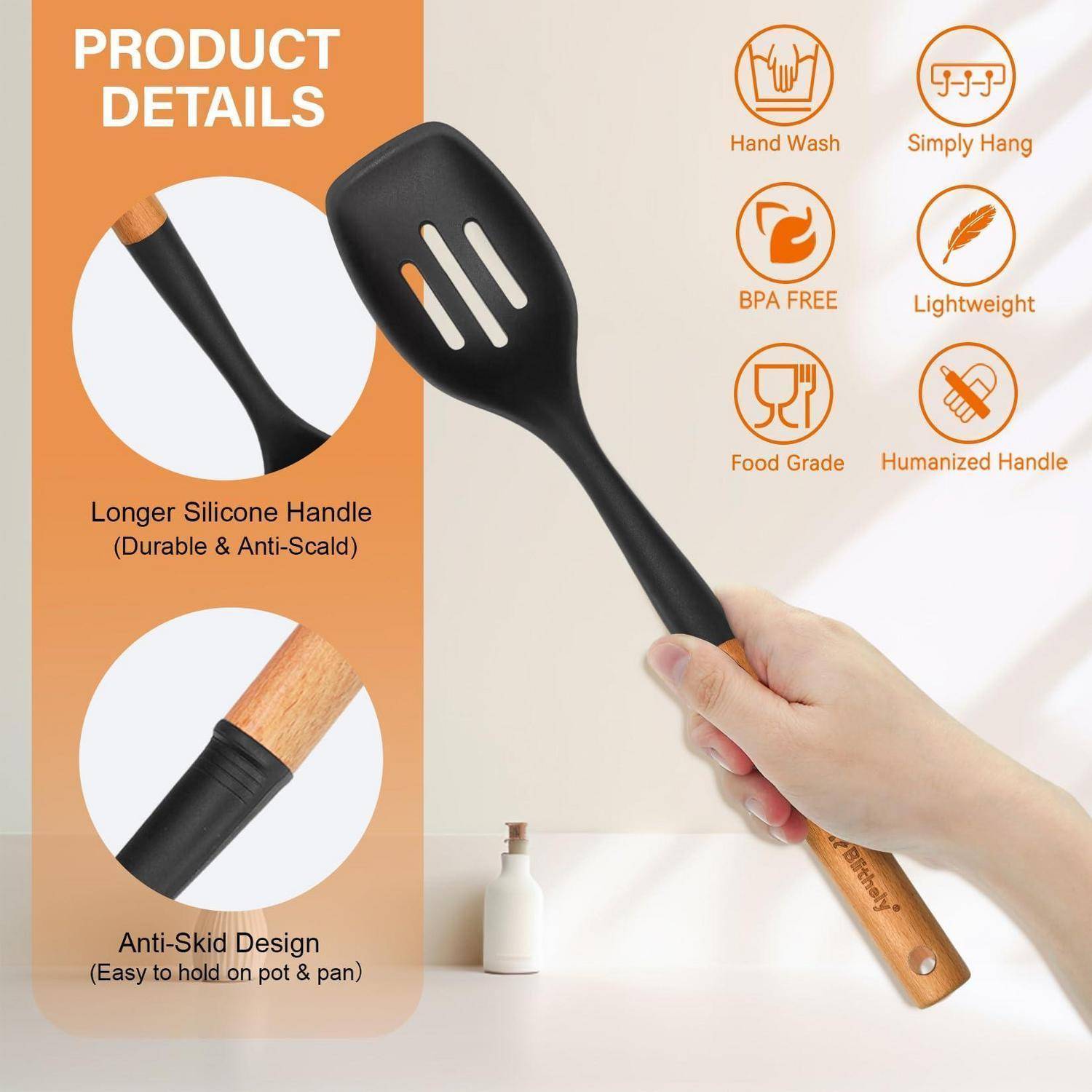 2-teiliges Kochlöffel-Set Silikon mit Holzgriff, hitzebeständig, schwarz