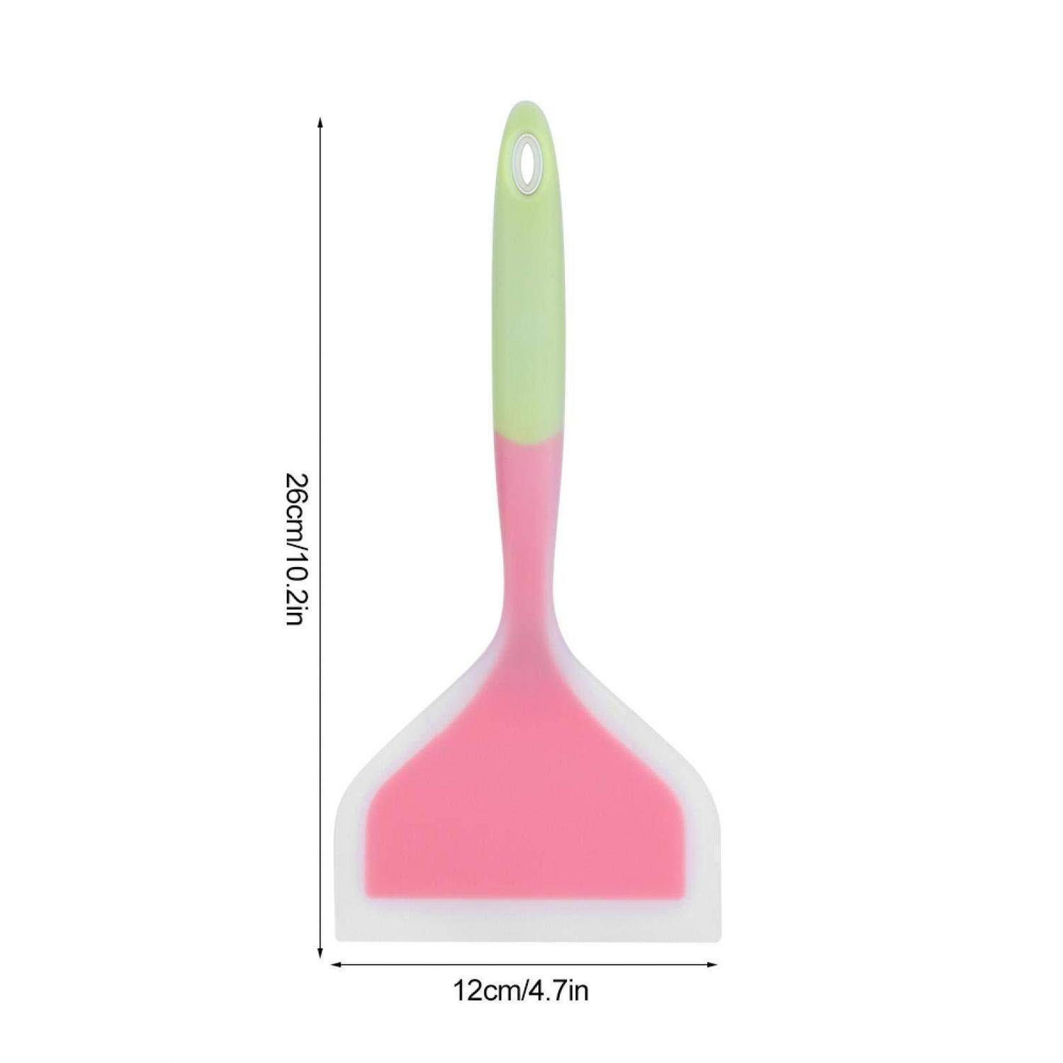 Rosa und grüner Silikonschaber mit Griff, gezeigt mit Größenangaben: 26 cm hoch und 12 cm breit.