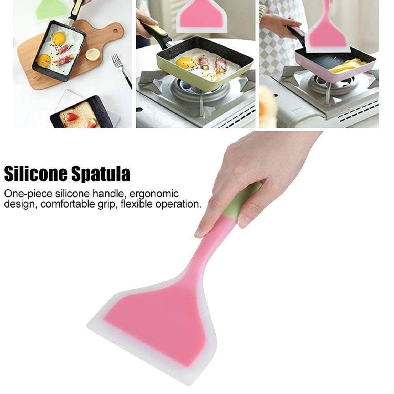 Werbebild eines rosa Silikon-Spachtels mit grünem Griff, das Lebensmittel in einer Pfanne wendet und mit dem Text „Silikon-Spachtel