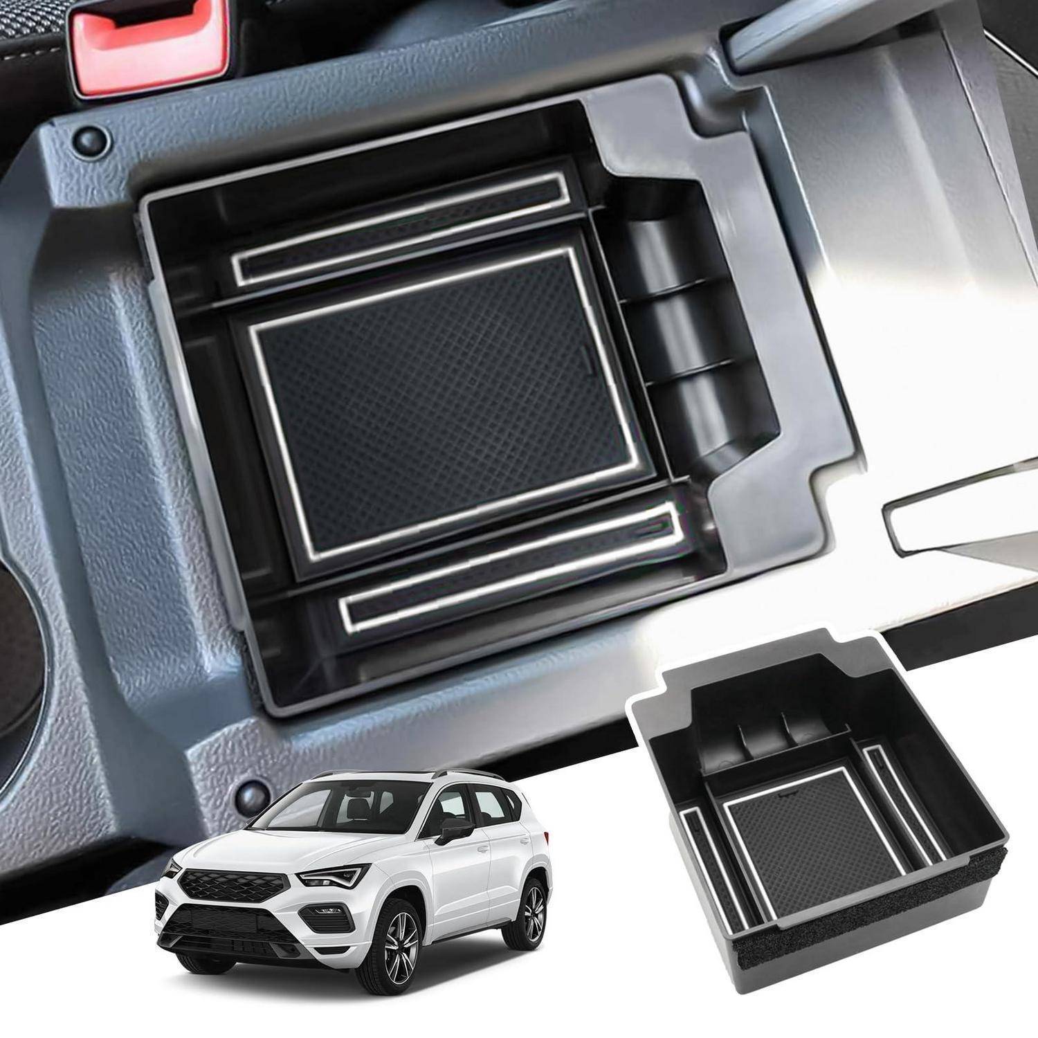 Organizer-Tablett für die Mittelkonsole des Autos mit Fächern, dargestellt als installiert in einem Fahrzeug und als separates Zubehör neben einem weißen SUV.
